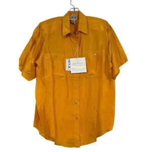 NWT Vintage Women Yellow Washable Silk Short Sleeve Button Up Shirt Medium Retro